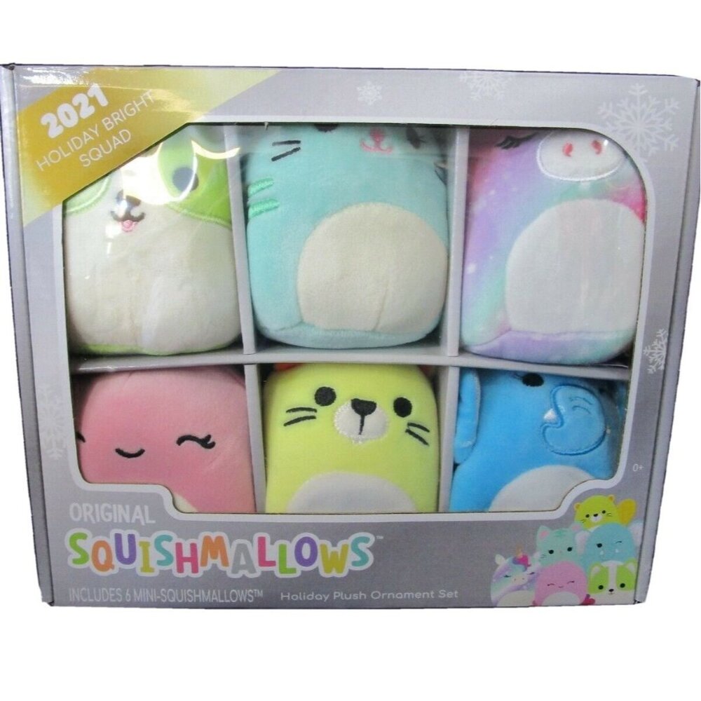 Original Squishmallows 2021 Holiday Bright Squad 6 Mini Plush Ornament Set New